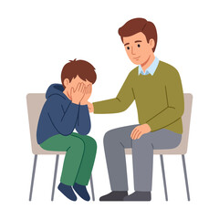 Obraz premium A Caring Father Comforting His Sad Young Son Sitting on Chairs Together