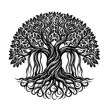 Banyan tree of life vector illustration with aerial roots and trunk