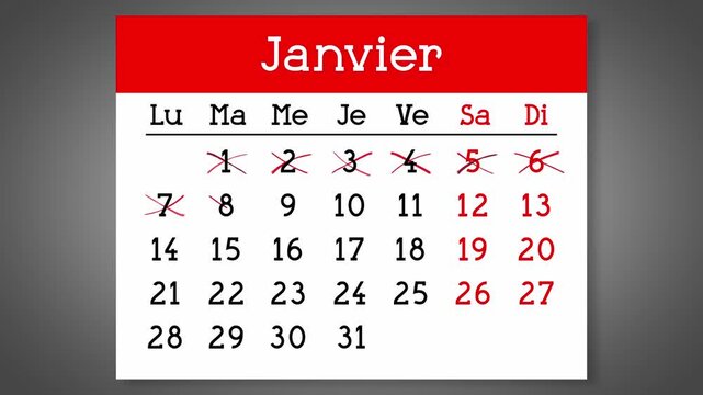 Calendar page for French January with days crossed out - 4k animation (3840 x 2160 px)