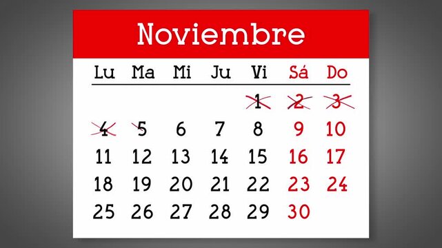 Calendar page for Spanish November with days crossed out - 4k animation (3840 x 2160 px)