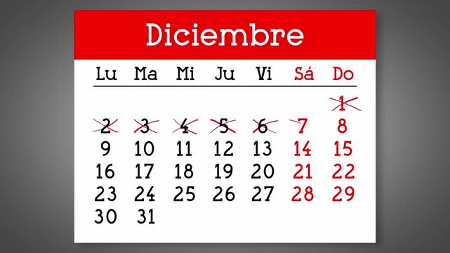 Calendar page for Spanish December with days crossed out - 4k animation (3840 x 2160 px)