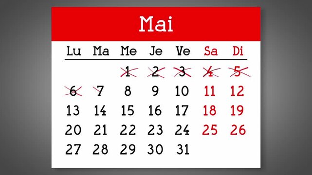 Calendar page for French May with days crossed out - 4k animation (3840 x 2160 px)