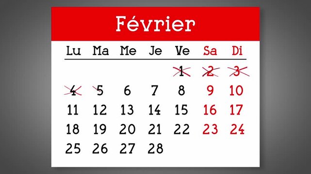 Calendar page for French February with days crossed out - 4k animation (3840 x 2160 px)