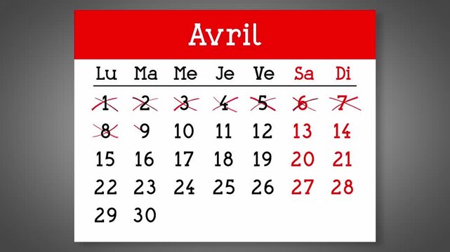Calendar page for French April with days crossed out - 4k animation (3840 x 2160 px)