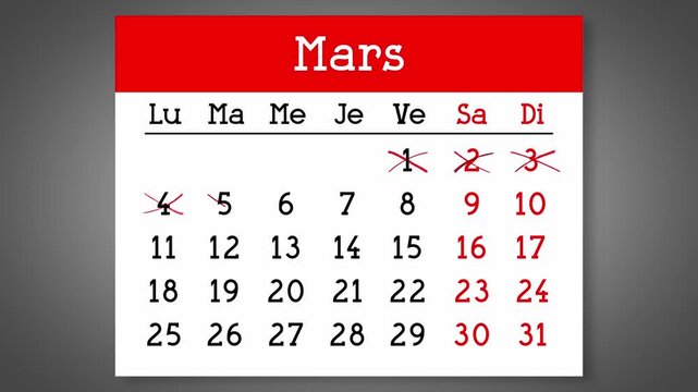 Calendar page for French March with days crossed out - 4k animation (3840 x 2160 px)