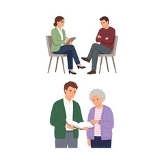 Fototapeta premium Professional Counseling Session and Caregiver Assisting an Elderly Person with a Book Illustrations