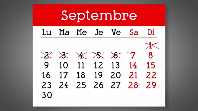 Calendar page for French September with days crossed out - 4k animation (3840 x 2160 px)
