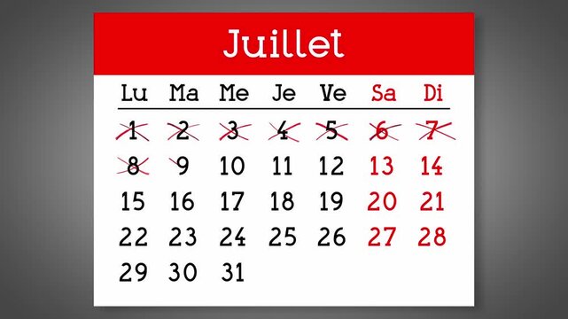 Calendar page for French July with days crossed out - 4k animation (3840 x 2160 px)