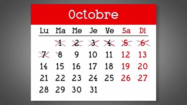 Calendar page for French October with days crossed out - 4k animation (3840 x 2160 px)