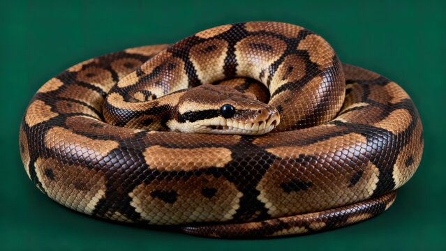 Full body shot of a classic ball python coiled in a ball on a deep green background