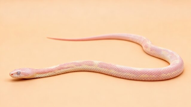 Full body shot of a pale albino corn snake in S-curve on a warm apricot background
