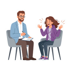 Obraz premium Professional Psychologist Talking To A Young Teenage Girl During A Private Mental Health Therapy Counseling Session