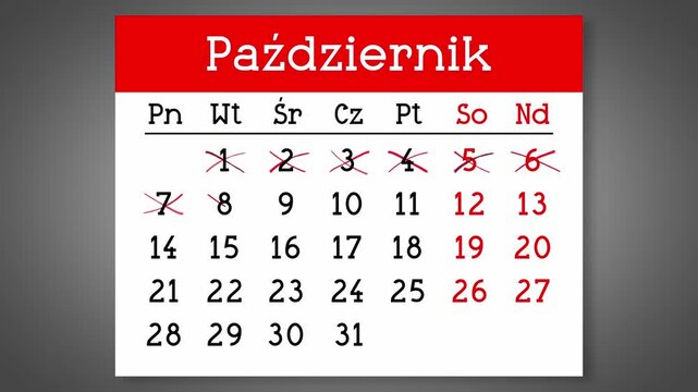 Calendar page for Polish October with days crossed out - 4k animation (3840 x 2160 px)