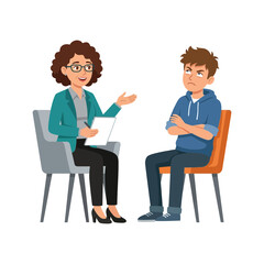 Obraz premium Professional Female Counselor Having a Consultation with an Angry Adolescent Boy Sitting on a Chair in a Therapy Office