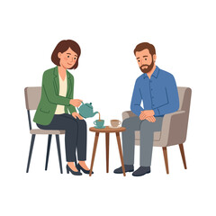 Obraz premium Woman Pouring Tea for a Thoughtful Man Sitting in an Armchair During a Relaxing Conversation