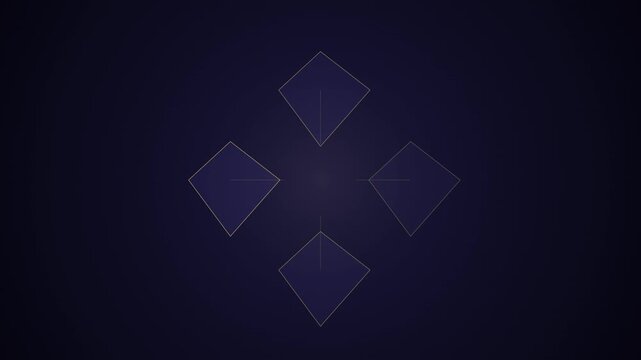 Four geometric squares rotating in a circular motion on dark background