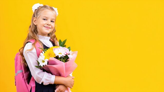 Little girl schoolgirl holding flower bouquet on Knowledge Day. Happy child with backpack ready for first grade. Education concept and celebration of back to school season in autumn.