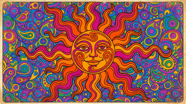 Psychedelic 1960s retro illustration of celestial sun face with wavy rays and colorful paisley pattern background