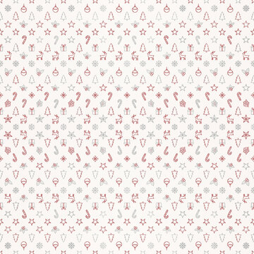 A delicate seamless Christmas pattern featuring minimalist red and silver outline icons of trees reindeer snowflakes ornaments and gifts arranged on a light off white backdrop