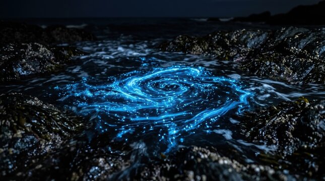 Bioluminescent plankton creating a glowing blue vortex in the ocean tide. Natural light phenomenon in dark coastal water. Magical marine ecosystem and aquatic environmental science.