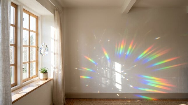 Crystal prism hanging in sunny window creating rainbow light reflection on white wall. Decorative suncatcher casting spectrum colors in cozy home interior. Zen meditation atmosphere.