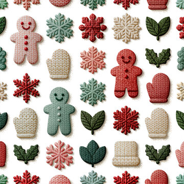 Seamless pattern of knitted texture Christmas cookies including gingerbread man and snowflakes