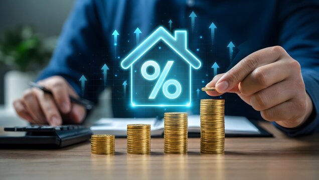 Person adding coin to stack with glowing house icon and percentage symbol indicating real estate investment growth.