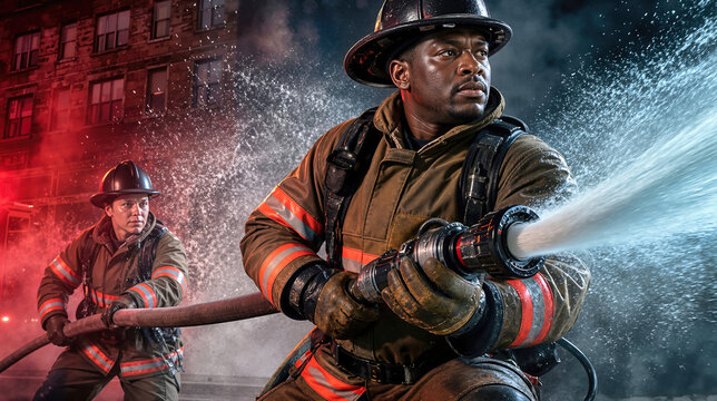 Firefighter spraying water from fire hose with mist spray while colleague supports line in front of building. Heroic emergency service first responders working hard in uniform for Labor Day