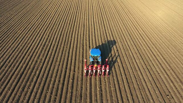 Aerial view of blue tractor planting fertilizer and seeds across wide brown field farmland.