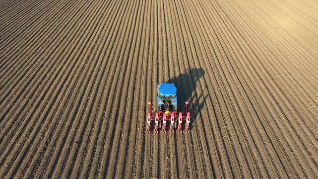 Aerial view of blue tractor planting fertilizer and seeds across wide brown field farmland.