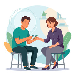 Fototapeta premium Two people using a smartphone for online transaction with credit card, flat vector illustration.