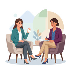 Obraz premium Two women in a therapy session, one crying, the other taking notes. Flat vector illustration.
