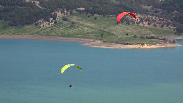 Colorful paragliders soar above calm lake near forested shoreline during outdoor adventure flight.