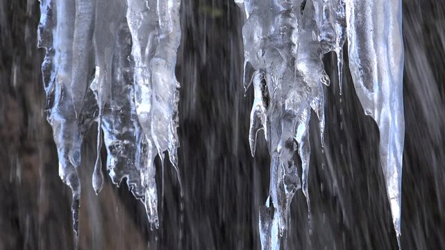 Transparent icicles hang beside a winter waterfall as cold water flows over dark rock.