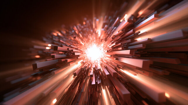 Abstract Futuristic Technology Explosion with Glowing Rays and Digital Blocks