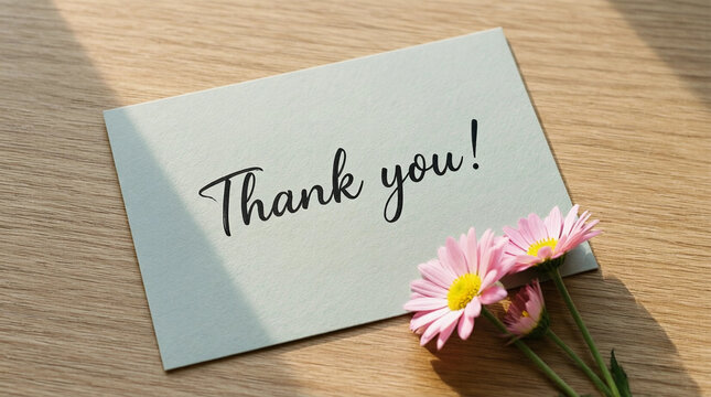Handwritten thank you card with pink daisies on wooden table, expressing gratitude in a warm and sincere gesture