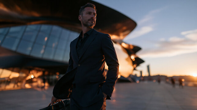 Businessman Standing Outside Modern Architecture at Sunset