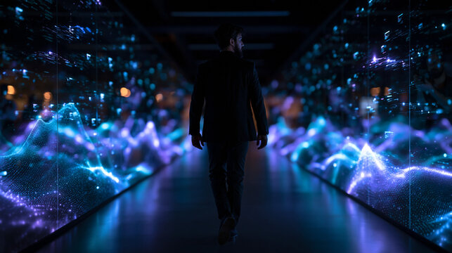 Businessman Walking Through Futuristic Digital Data Corridor