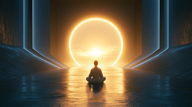 Person Meditating in Futuristic Hallway with Glowing Light Portal