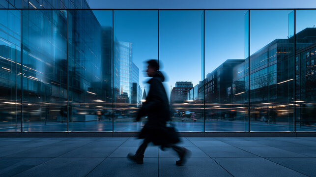 Person Walking in Motion Blur Past Modern Corporate Glass Building