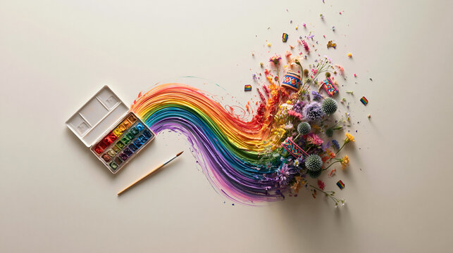 Rainbow Watercolor Paint Swatch Bursting into Colorful Flowers