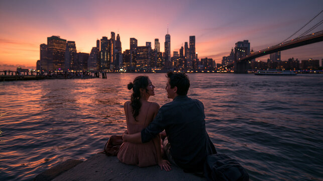 Romantic Couple Sitting by Waterfront at Sunset in New York City