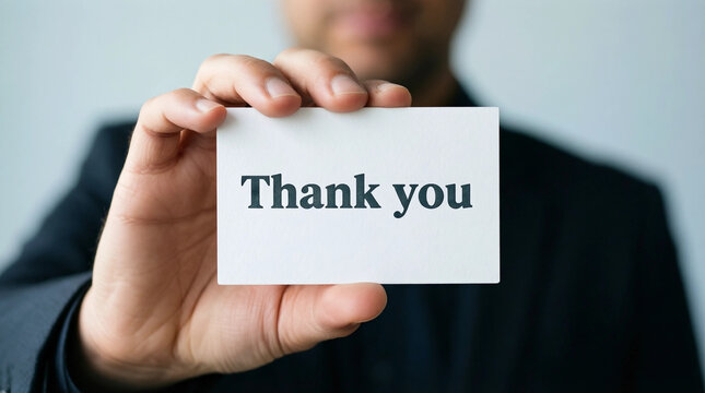 Hand holding thank you card in professional setting for business or customer appreciation