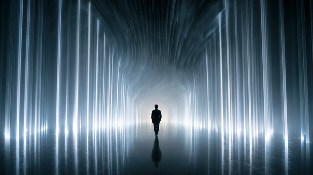 Silhouette Standing in Futuristic Illuminated Light Tunnel