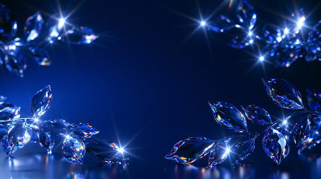 Sparkling Blue Crystal Leaves Border with Copy Space