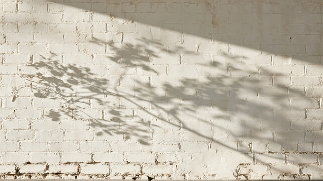 Tree Branch Shadow on White Painted Brick Wall Background