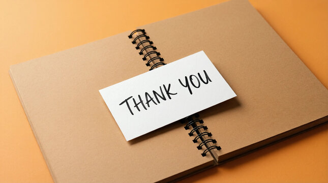 Thank you note on spiral notebook, minimalist desk setup for gratitude, appreciation, or customer service