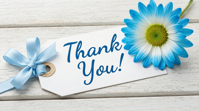 Thank you gift tag with blue ribbon and daisy flower on wooden surface
