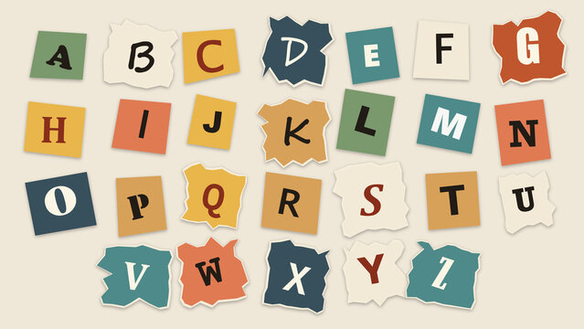Alphabet set of uppercase letters cut from colored paper, ransom note style typography on a light beige background