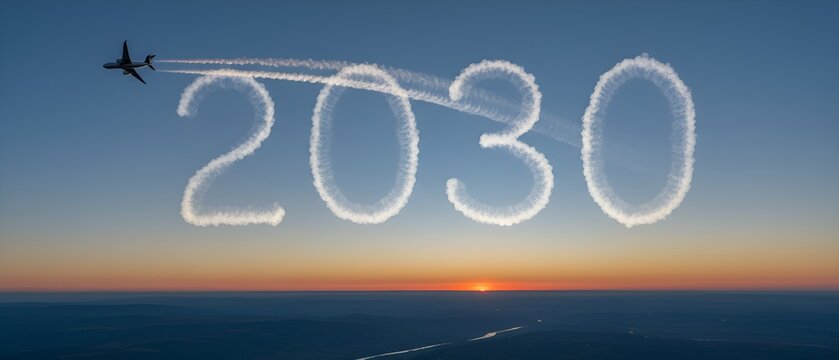 Jet airplane flying past clouds shaped as 2030 over city at sunset, future travel goals, urban progress vision New Year.
